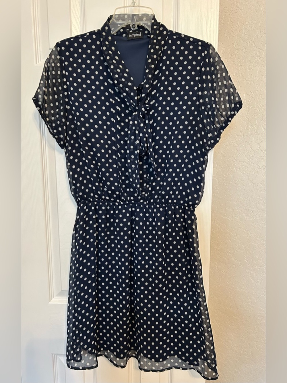 Tempted Navy and White Polka Dot Tie-Neck Short Sleeve Dress